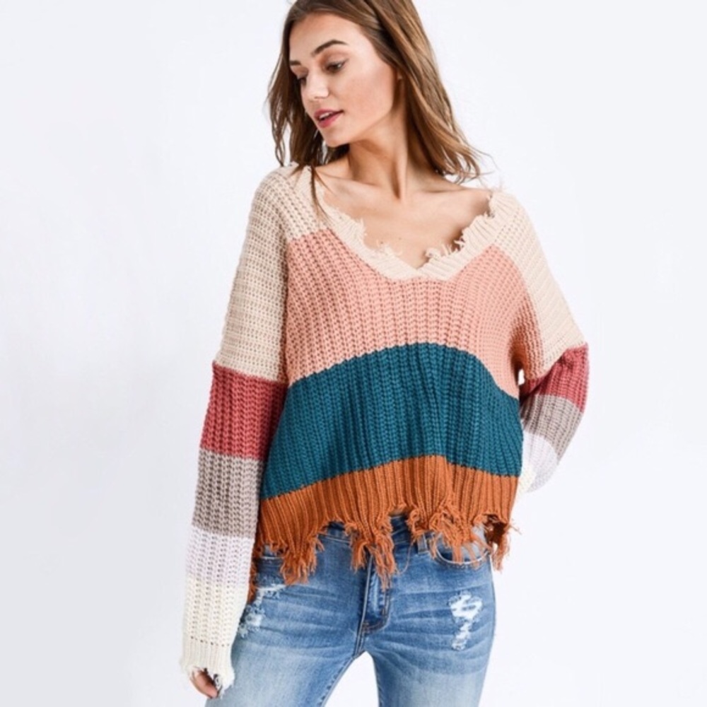 Late Nights Blush Color Block Frayed Hem Sweater